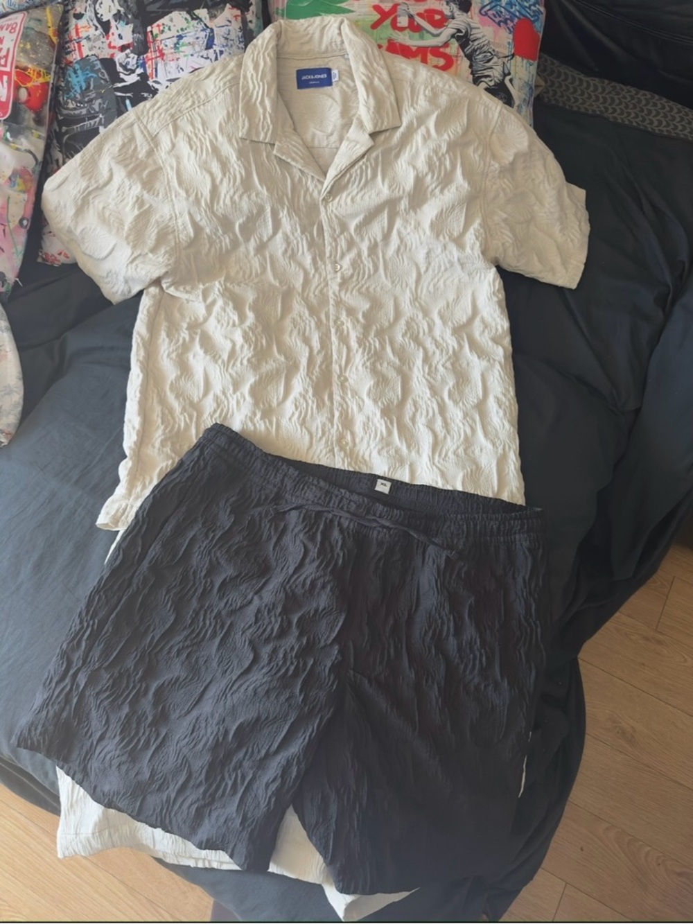 Jack & Jones Cream Textured Short SS with White and Black Textured Shorts